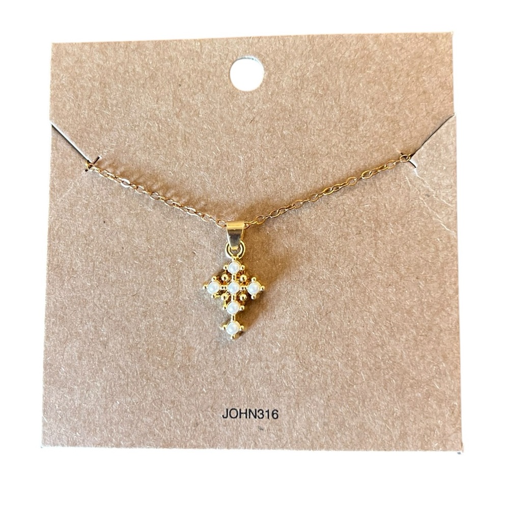 Gold & White Pearl Small Cross 16" Necklace John 3:16 Christian Faith Religious
